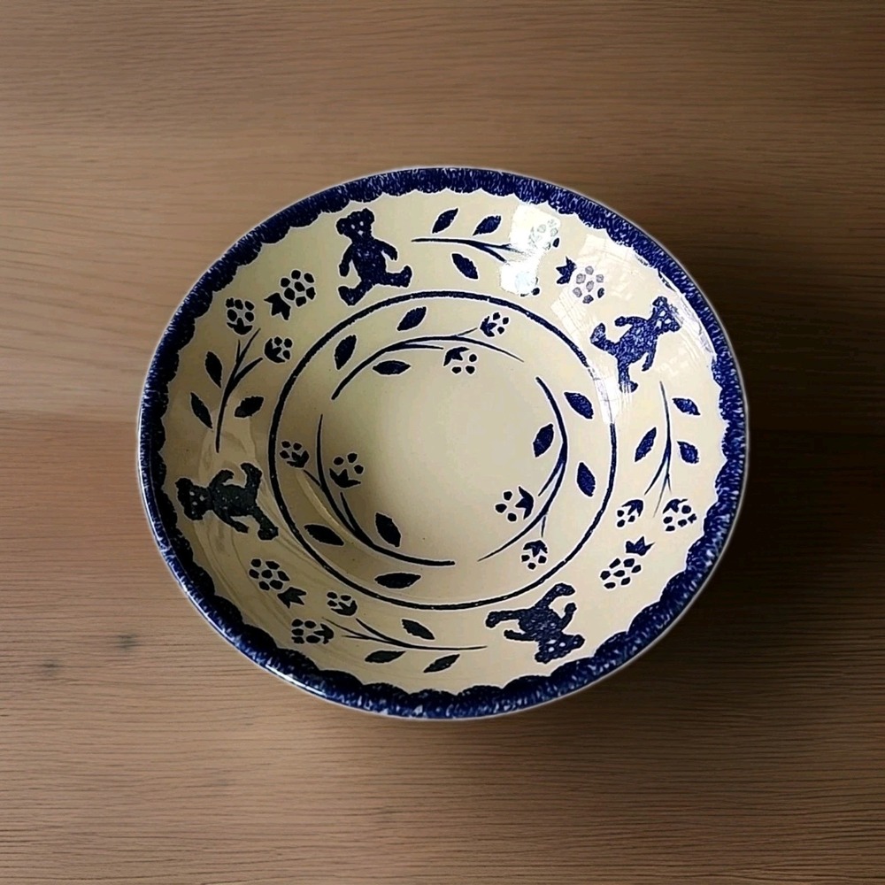 Vintage Wood & Sons 6.5" Blue & White Teddy Bear Bowl Ceramic‎ Made In England